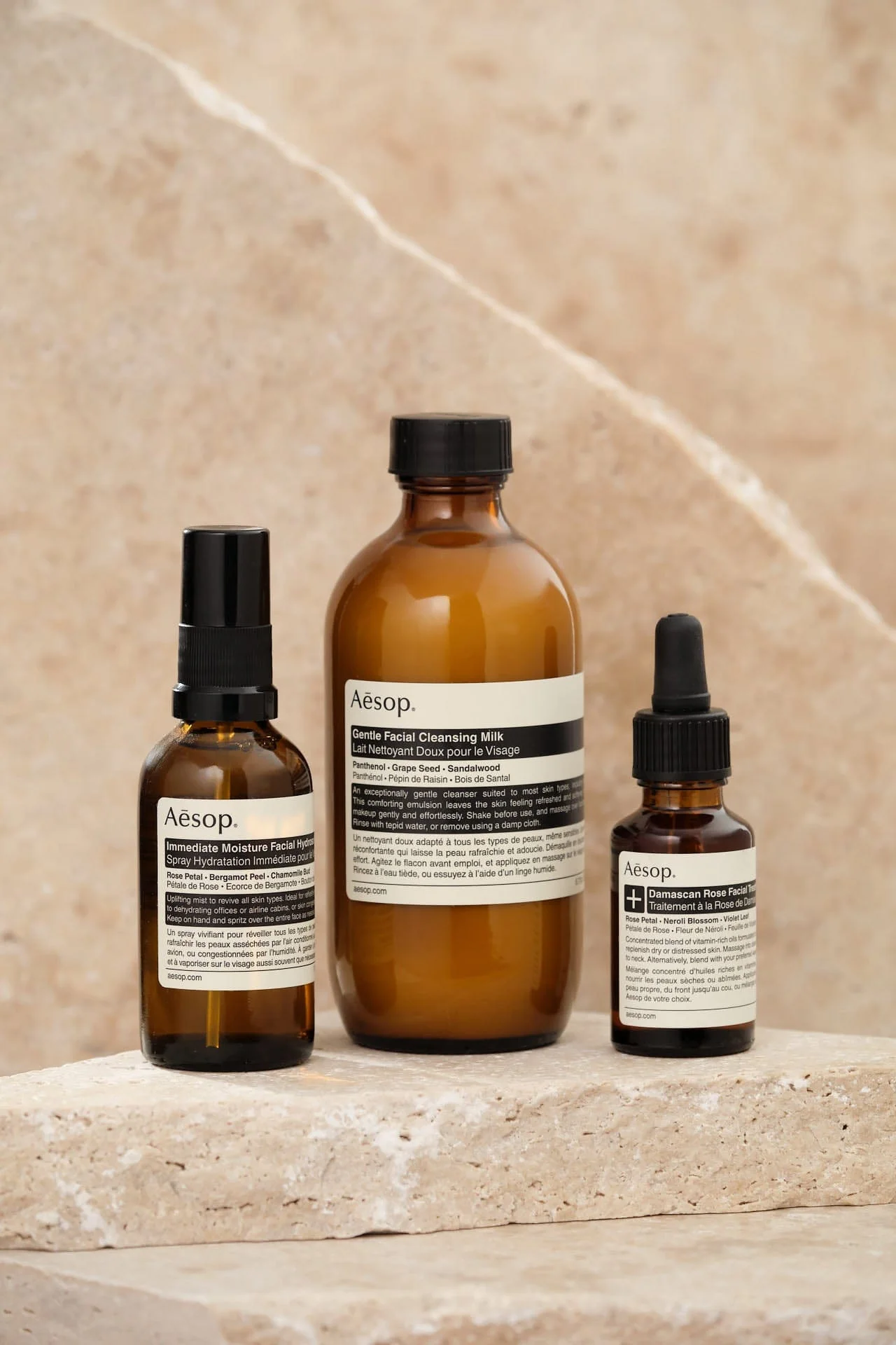 Aesop Damascan Rose trio, skincare brand editorial
