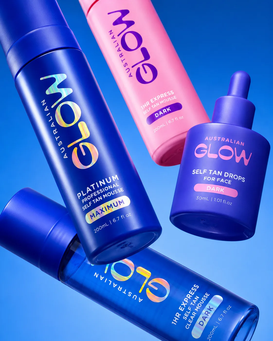 Australian Glow 1HR Express, Drops and Platinum, the hero range on cobalt