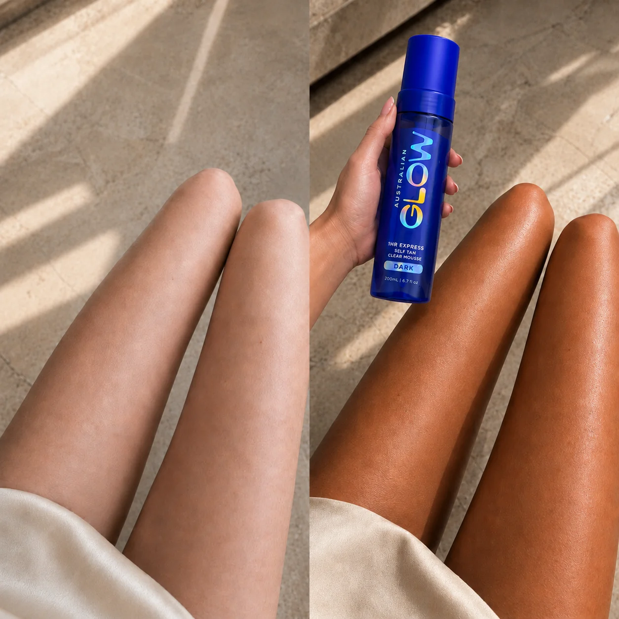 Self-tan before and after, develop comparison across one application