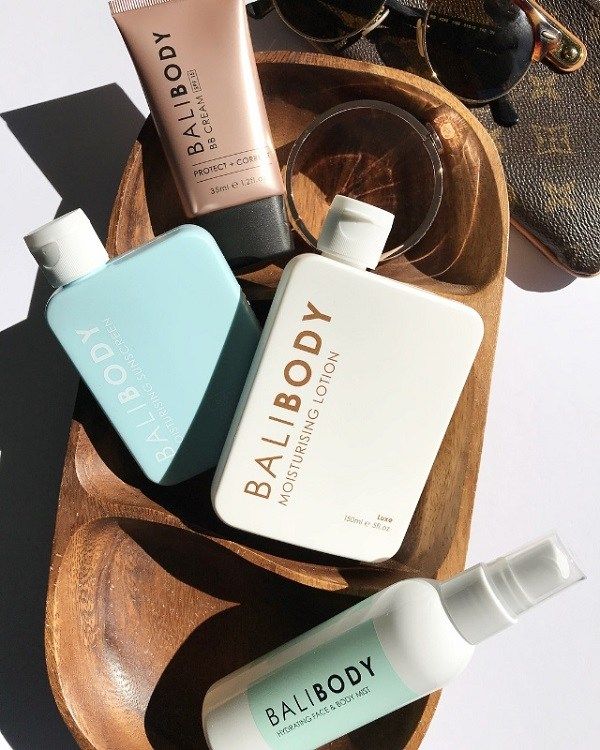 Bali Body range, BB Cream + Moisturising Lotion + Hydrating Mist on wood tray
