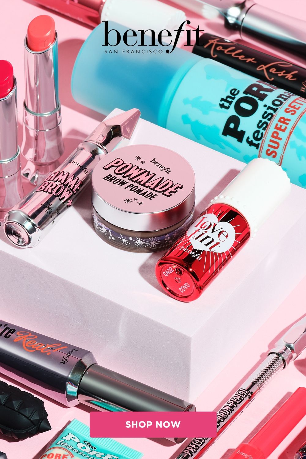 Benefit makeup product spread, brow and blush editorial