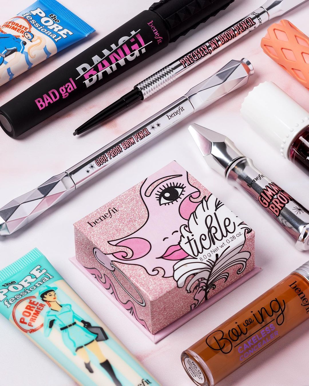 Benefit makeup flatlay, brow and blush editorial