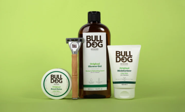 Bulldog Original trio, Beard Balm, Shower Gel and Moisturiser on green