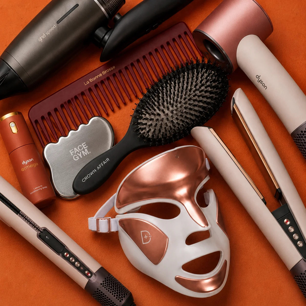 Beauty device brands, editorial LED mask and tools flatlay