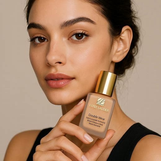 Estée Lauder model holding Double Wear foundation portrait