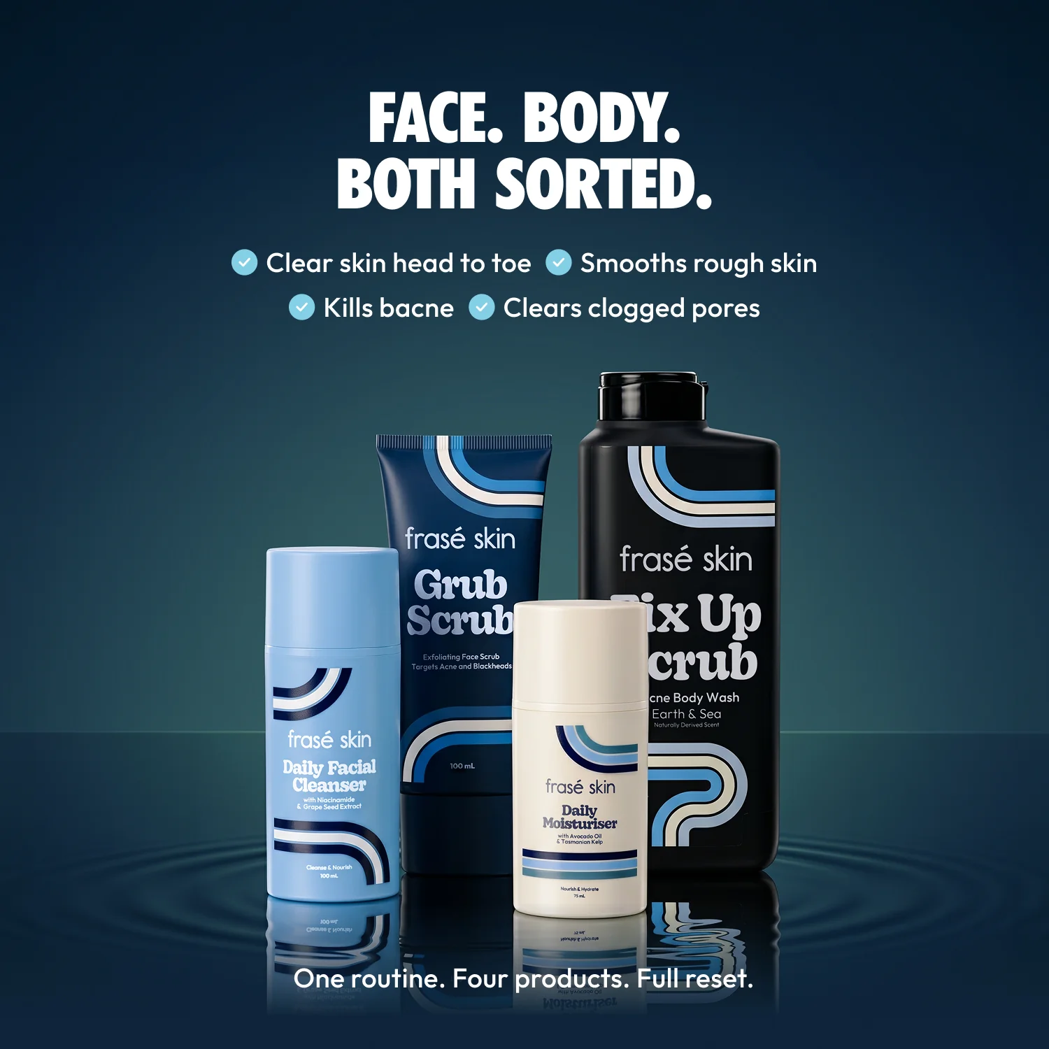 Frasé Skin full lineup, Daily Facial Cleanser, Grub Scrub, Daily Moisturiser, Fix Up Scrub