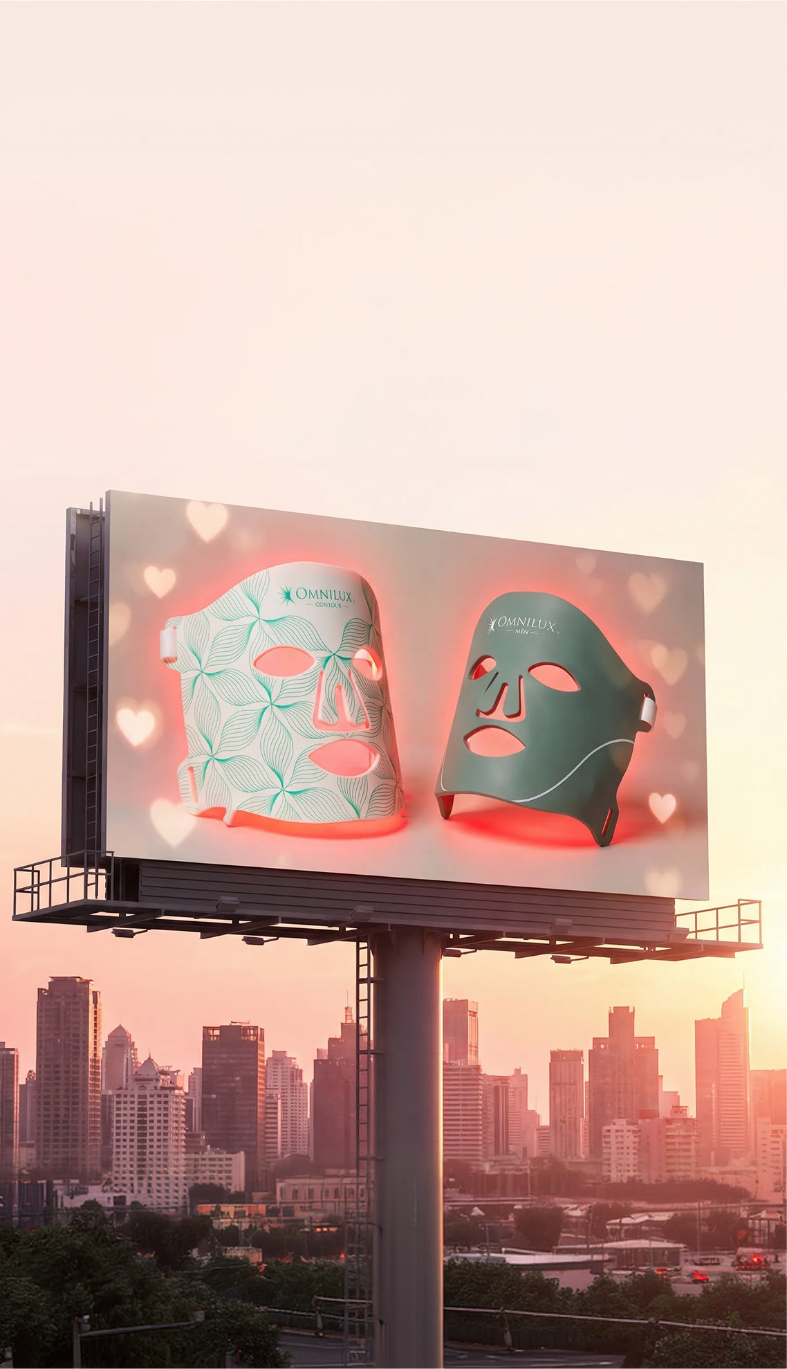 Omnilux billboard at sunset, the LED mask category moving from clinic to city skyline