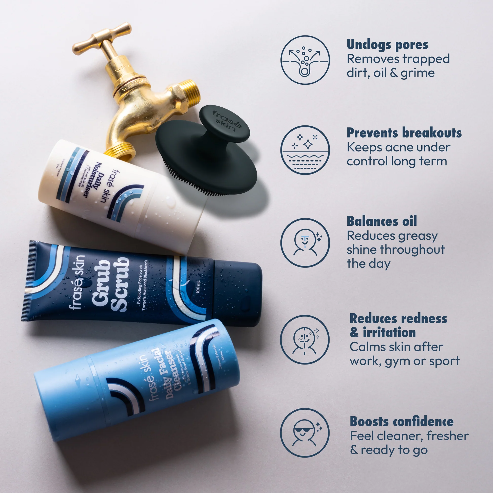 Frasé Skin Ultimate Starter Kit flatlay, cleanser, scrub, moisturiser and SPF50 on warm cream background